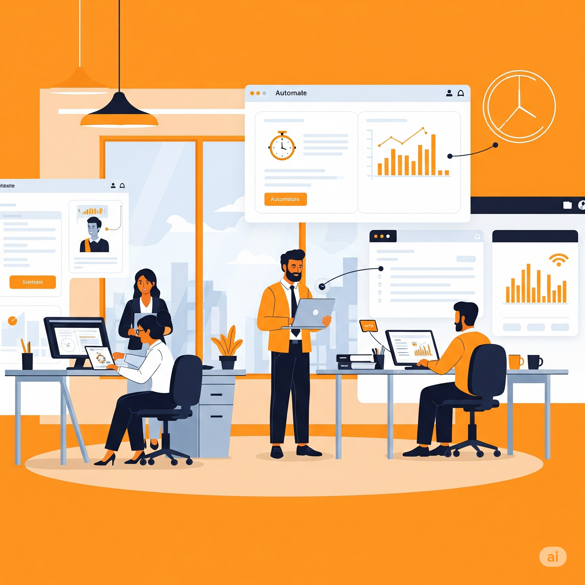 Oficina moderna con automatización de procesos, dashboards y equipos trabajando con tecnología